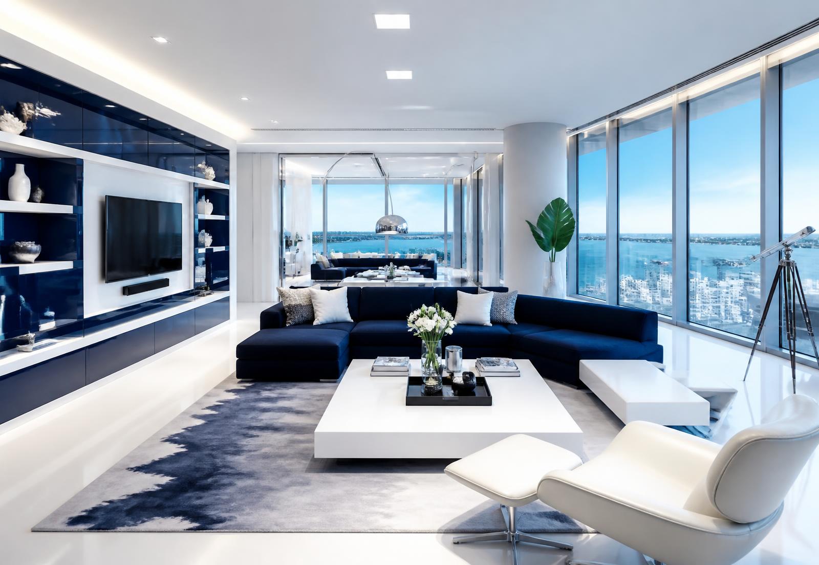 Immaculate modern navy and white luxury living room in Fairfax